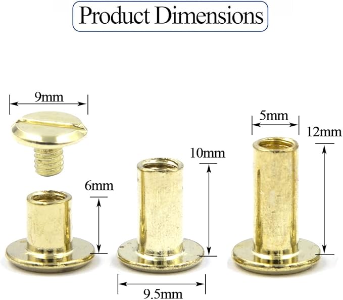 ALLOYGOLD 75 Sets Gold Chicago Screws 1/4 3/8 1/2 Leather Assorted Kit ，3 Sizes of Screw Rivets for Leather Rivet for DIY Belt，Bag Craft and Bookbinding (M5 X 6, 10, 12)