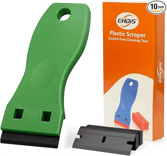 EHDIS 1.5" Plastic Razor Scraper with 10pcs Double Edged Plastic Blades for Removing Labels Stickers Decals on Glass Windows (Green)