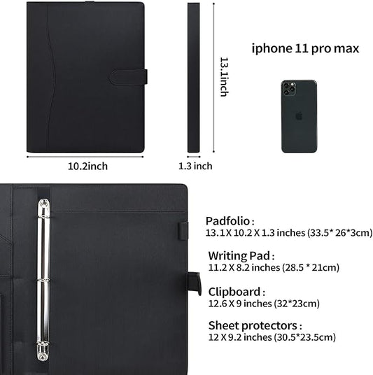 Wonderpool A4 PU Leather Portfolio Holder Ring File Document Case with Removable Binder Clipboard, Multi Pocket and Legal Pad for Business Organizer Interview and Meeting (Black)