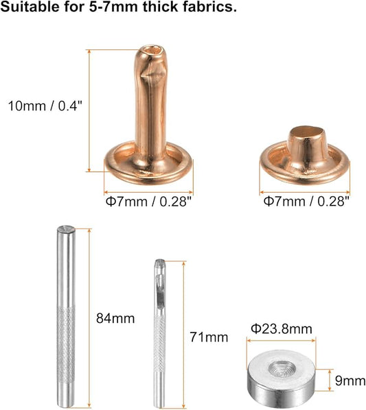 HARFINGTON 100 Sets Leather Rivets 10 x 7mm Metal Double Cap Rivet Snaps Studs Fasteners with 3pcs Setting Tools Rivets for Leather Craft DIY Repair Decoration, Light Gold Tone