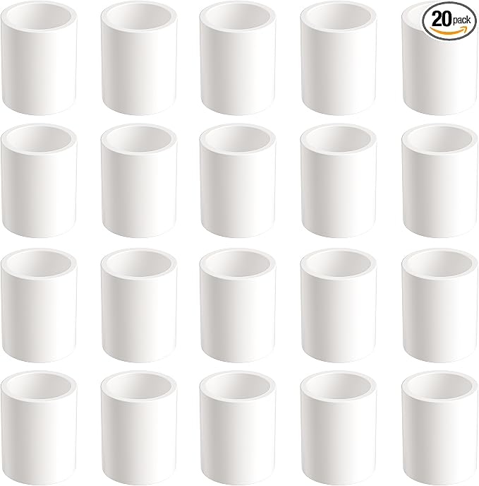 1-1/4 Inch PVC Pipe Coupling, White, 20 Pack | Fits 1.66 Inch OD Pipe, SCH40 Socket x Socket Coupler with Center Stop for Sprinkler Repair and DIY Projects