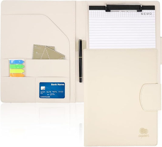 Leather Document Clip Board DIN A4, All-in-One Business Conference Folder Organizer with Magnetic Cover, Sticky Tabs, Pen, Work Folio for Women & Man, Beige