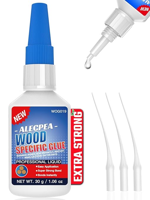 ALECPEA Wood Glue with 3 Precision Applicators - Fast Curing Super Glue for Woodworking, Furniture Repair & Crafts - Strong & Clear, 30g
