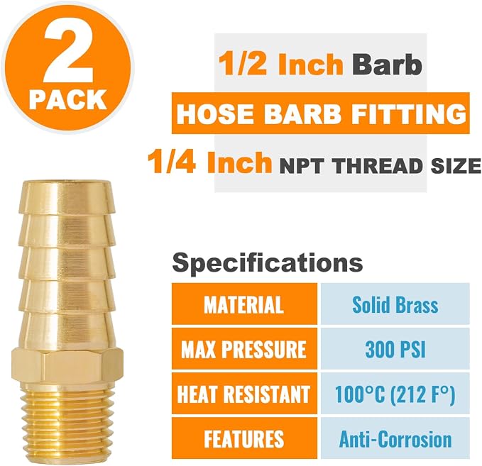 SUNGATOR Hose Barb Fittings 1/2 Inch Barb × 1/4 Inch NPT, Brass Air Hose Fittings, 1/2" to 1/4" NPT Male Air Line Repair Connector Kit, Brass Male Thread Pipe Adapter (2 Pack)