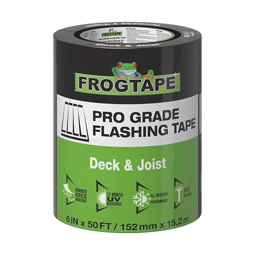 FrogTape Pro Grade Deck and Joist Flashing Tape - 6 Inch Width (6 in. x 50 ft) - All Weather & UV Resistant Linerless Tape for Decking, Wood, Beams with Advanced Acrylic Adhesive - 13 mils - Black