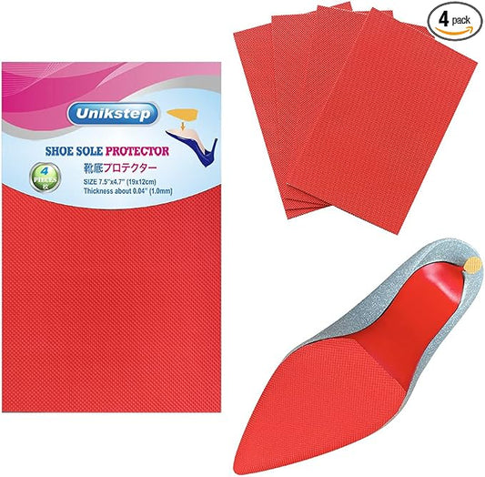Unikstep 4 Pieces Shoe Sole Protectors, Shoe Bottom and Heel Anti Slip Grip Pads, Self Adhesive Non Skid Noise Reduction Sticker Cushion (Red)