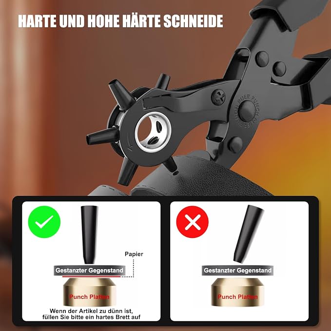 Diyife® Leather Hole Punch, Heavy Duty Belt Hole Punch, Revolving Punch Plier Kit with Extra Grinding Needle, Punch Plates, Ruler and 6 Marked Hole Sizes for Watch Band, Crafting, Fabric - Black