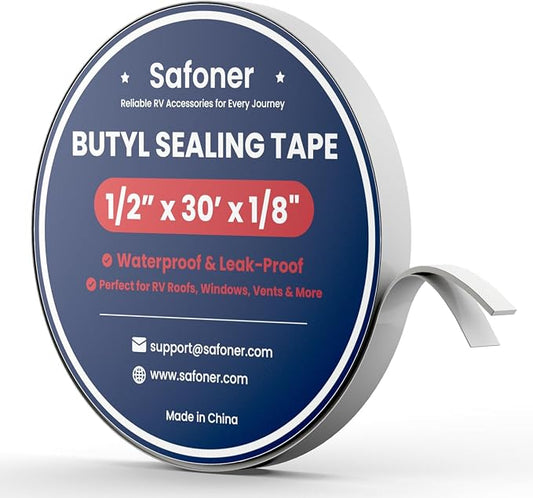 Safoner White Double Sided Butyl Seal Tape– 1/2" Widthx 30' Lengthx 1/8" Thickness– Leak-Proof and Waterproof Sealant for RV Roof Repair, Windows, Vents, and Pipes