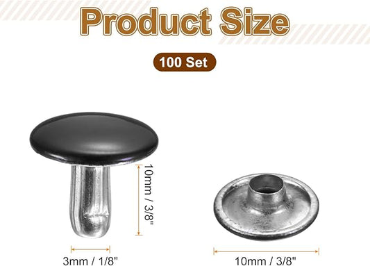 HARFINGTON 100 Sets Double Cap Leather Rivets, 10x10mm Round Cap Tubular Metal Studs Leather Crafting Rivets for Fabric Belt Pet Collar Boot Bag Repair and Decoration, Black