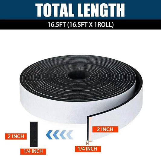 Single Sided Foam Tape Heavy Duty Waterproof, 2 Inch Wide x 1/4 Inch Thick EVA Foam Insulation Tape, Black Weather Stripping for Doors and AC Windows Seal, Soundproof 16.5ft