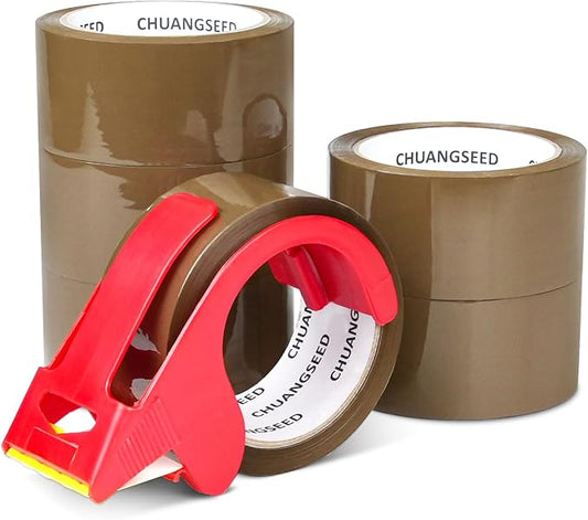 CHUANGSEED Packing Tape with Dispenser – 6 Rolls Brown Shipping Tape (2.4Mil x 1.88” x 60 Yards), Heavy Duty Box Sealing Tape for Moving, Packaging, Office, Warehouse