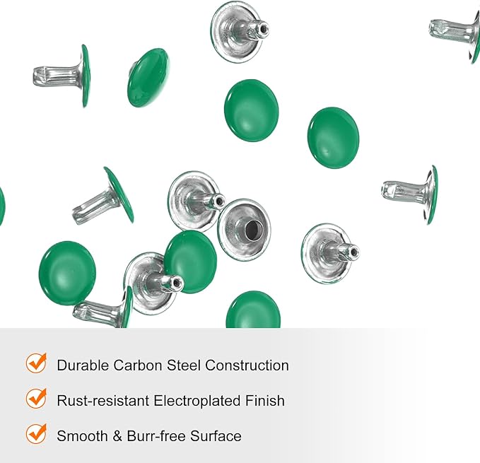 HARFINGTON 100 Sets Double Cap Leather Rivets, 10x10mm Round Cap Tubular Metal Studs Leather Crafting Rivets for Fabric Belt Pet Collar Boot Bag Repair and Decoration, Green