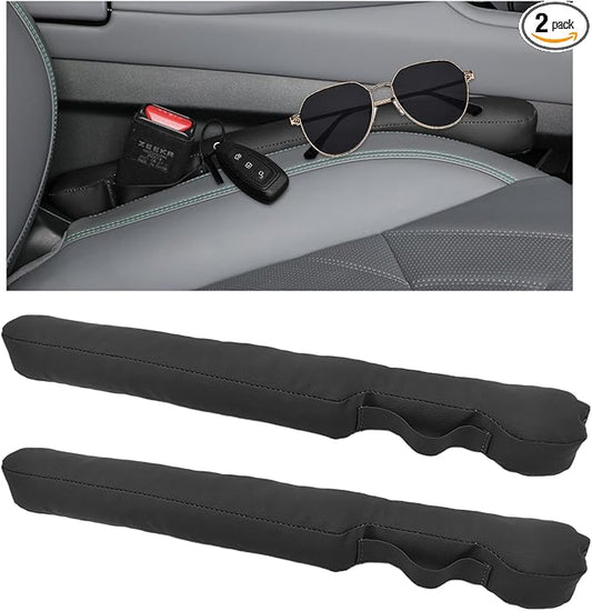 2PCS Leather Car Seat Gap Filler, No-Drop Seat Side Gap Plug Crevice Blocker with Securing Strap, Elastic Filler Block The Gap Between Seats & Console for Truck SUV Sedan (Black)