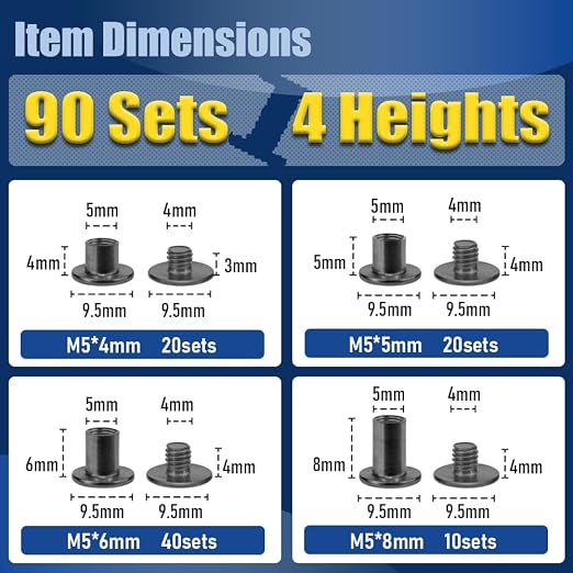 90 Sets Gunmetal Black Chicago Screws Leather Rivets Kit, 4 Sizes (M5*4,5,6,8) & 2 Screw Lengths (M4*3,4) for Belts, Bookbinding, DIY Leather (Gunmetal Black)