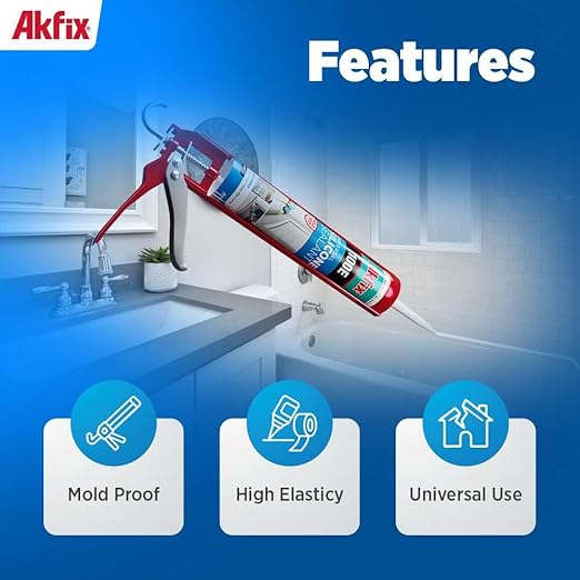 Akfix 100E RTV White Silicone Caulk (24x10.1 fl.oz.) - 100% Waterproof Silicone Sealant for Kitchen and Bathroom, Shower, Toilet, Sink, Window and Door, No Yellowing | White, 24 Pack
