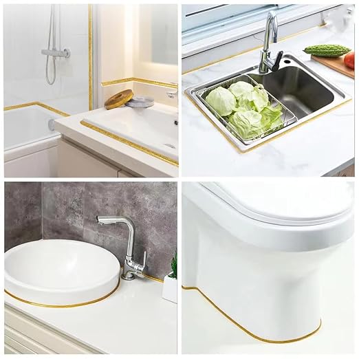 Ceramic Tile Gap Tape, Self-Adhesive Wall Gap Caulk Tape, 19.7Ft Caulking Strip Decorative Sealing Tape for Bathroom, Toilet, Bathtub and Kitchen (Gold)