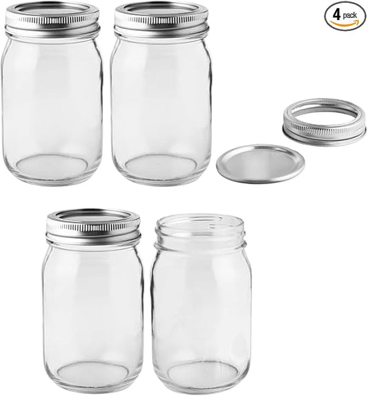 FastRack Regular Mouth Mason Jars 16 oz with Airtight Lids – Pack of 4 | Empty Glass Canning Jars for Food Storage, Fermentation, Pickling Canning, Meal Prep, Pantry Organization & Kombucha Brewing