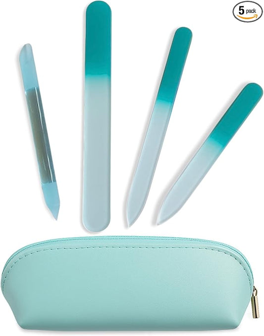 Alban Czech Glass Nail File Set with Manicure Stick & Vegan Leather Cosmetic Case (Turquoise Nail Files, Light Blue Manicure Stick & Cosmetic Case)