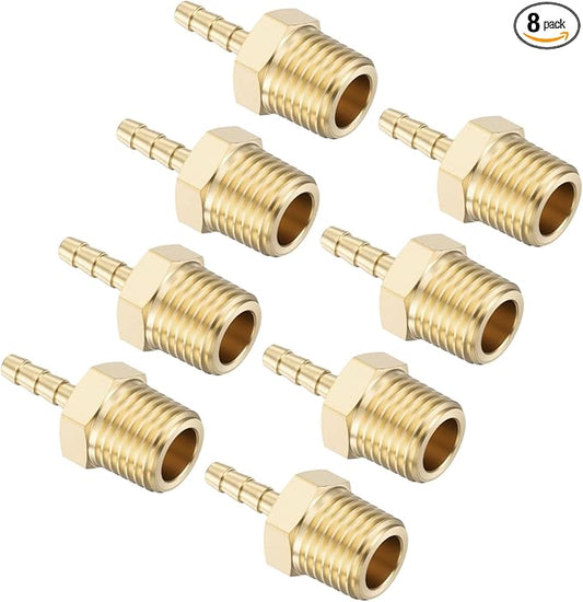 Pack of 8 Brass Hose Barb Fittings Adapter Connector 5/32" Hose Barb to 1/4" NPT Male Fittings for Home Machines, Massage Bathtubs, and Irrigation Systems