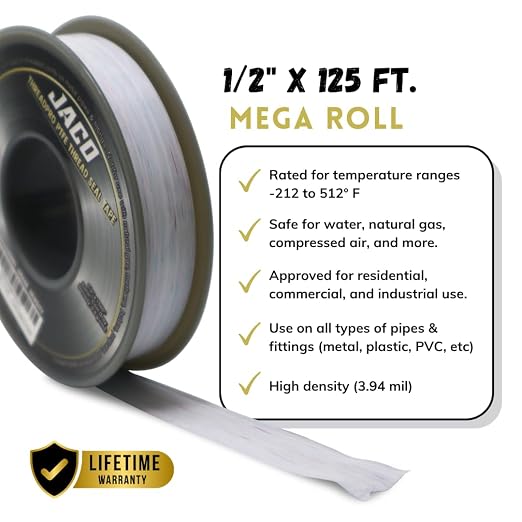 JACO ThreadPro High-Density Thread Seal Tape - 1/2" x 125 ft. (Mega Roll) | Professional PTFE Pipe Sealant | Plumbers Tape (2-Pack)