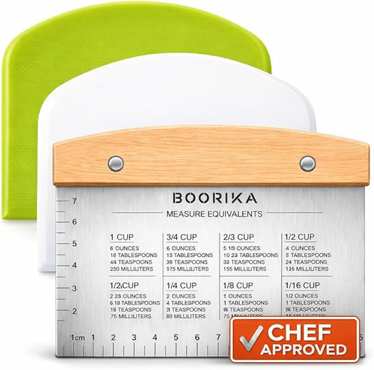 BOORIKA Dough Scraper & Bench Scraper Kitchen – Stainless Steel Sourdough Tools – Dough Cutter for Sourdough Bread, Pizza, and Flat Top Griddles – Chef Approved (Light)