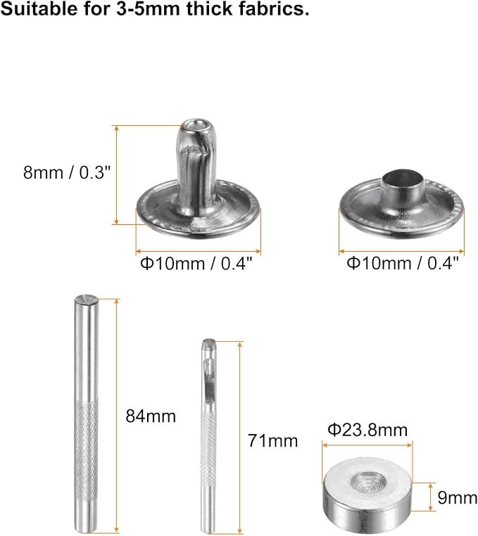 HARFINGTON 100 Sets Leather Rivets 8 x 10mm Metal Double Cap Rivet Snaps Studs Fasteners with 3pcs Setting Tools for Leather Craft DIY Repair Decoration, Silver Tone