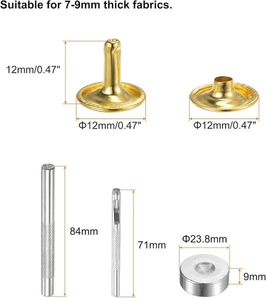 HARFINGTON 100 Sets Leather Rivets 12 x 12mm Metal Double Cap Rivet Snaps Studs Fasteners with 3pcs Setting Tools Rivets for Leather Craft DIY Repair Decoration, Gold Tone