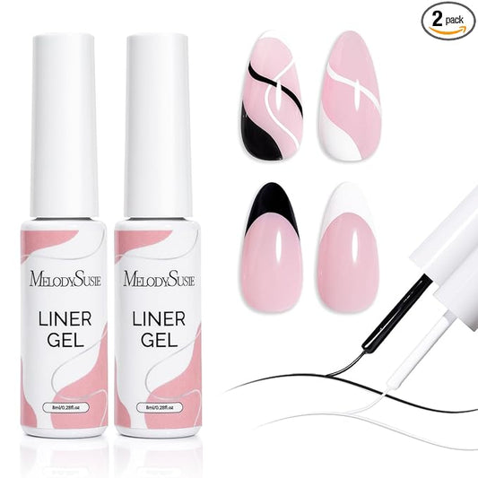 MelodySusie 2Pcs Gel Liner Nail Art Polish,for Line and Patterns of Painting,French Nail Tips,DIY Manicure Pedicure for Home DIY Salon Use 8ML White and Black