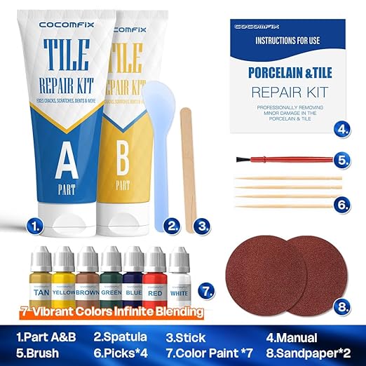 Tile Repair Kit, Ceramic Tile Chips & Cracks Repair Kit(Color Match), Porcelain Tile Repair Kit with Super Strong Adhesion, Fix Chips, Cracks and Holes on Ceramic Tile, Porcelain, Acrylic, Fiberglas