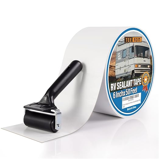 RV Roof Tape White,6 Inch X 50 Feet RV Sealant Tape with Rubber Roller,Camper Roofing Repair Sealant Tape, Waterproof Leak Tape for RV Repair,UV Resistant, Weatherproof, for Boat Sealing, Camper
