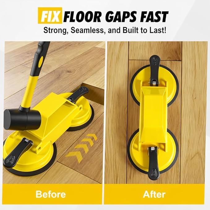 Floor Gap Fixer Tool with Dual Silicone Suction Cups & Rubber Hammer – 45° Angled Striking Surface, Includes Adhesive Pads – for Laminate, Vinyl Plank, SPC & Engineered Hardwood Floors
