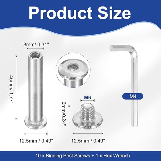 PATIKIL M6x6mm Hex Chicago Screws 8x45mm, 10Pcs 304 Stainless Steel Metric Hex Drive Socket Cap Binding Post Screw Posts for Scrapbook Leather Belt Album Furniture Repair, Silver