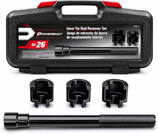 Powerbuilt Inner Tie Rod Remover Tool Kit – Fits Ford, GM, Chrysler Rack, and Pinion – Includes 1-5/16", 1-3/16", 1-7/16" Socket Adapters, Extension Bar, and Case – 648607