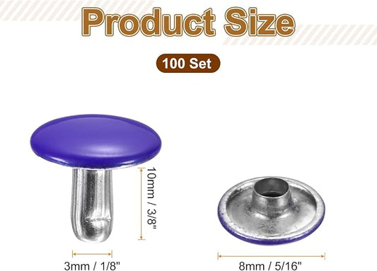 HARFINGTON 100 Sets Double Cap Leather Rivets, 10x10mm Round Cap Tubular Metal Studs Leather Crafting Rivets for Fabric Belt Pet Collar Boot Bag Repair and Decoration, Purple