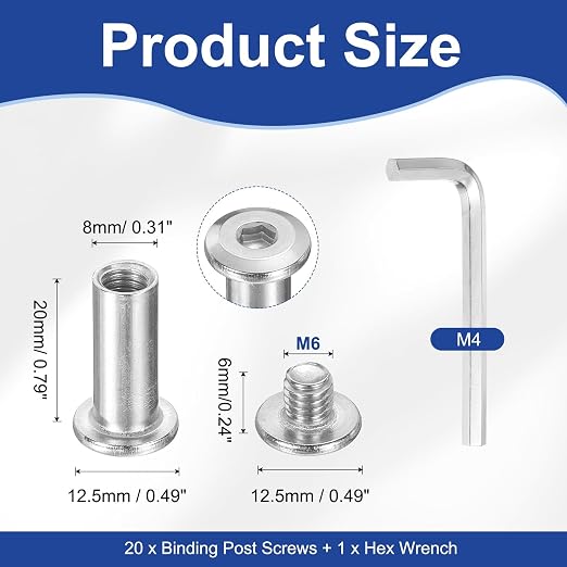 PATIKIL M6x6mm Hex Chicago Screws 8x20mm, 20Pcs 304 Stainless Steel Metric Hex Drive Socket Cap Binding Post Screw Posts for Scrapbook Leather Belt Album Furniture Repair, Silver
