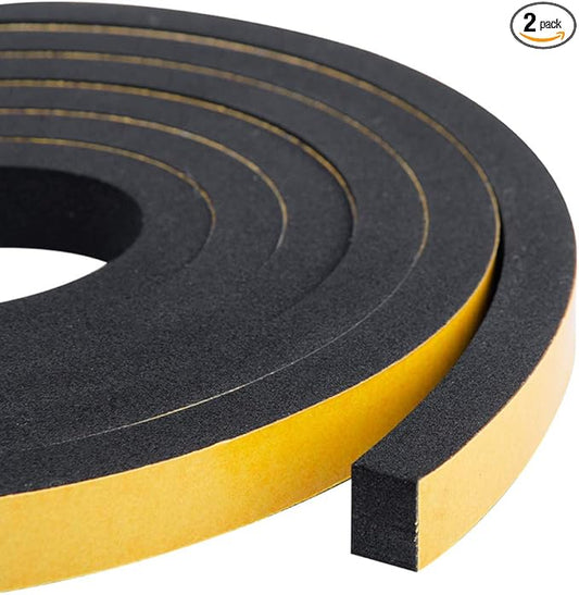 High Density Foam Tape 2-Pack, 1/2 Inch Wide X 3/8 Inch Thick, Self-Adhesive Neoprene Weather Stripping for Insulation (13 Feet Total, 6.5 Feet/Roll)