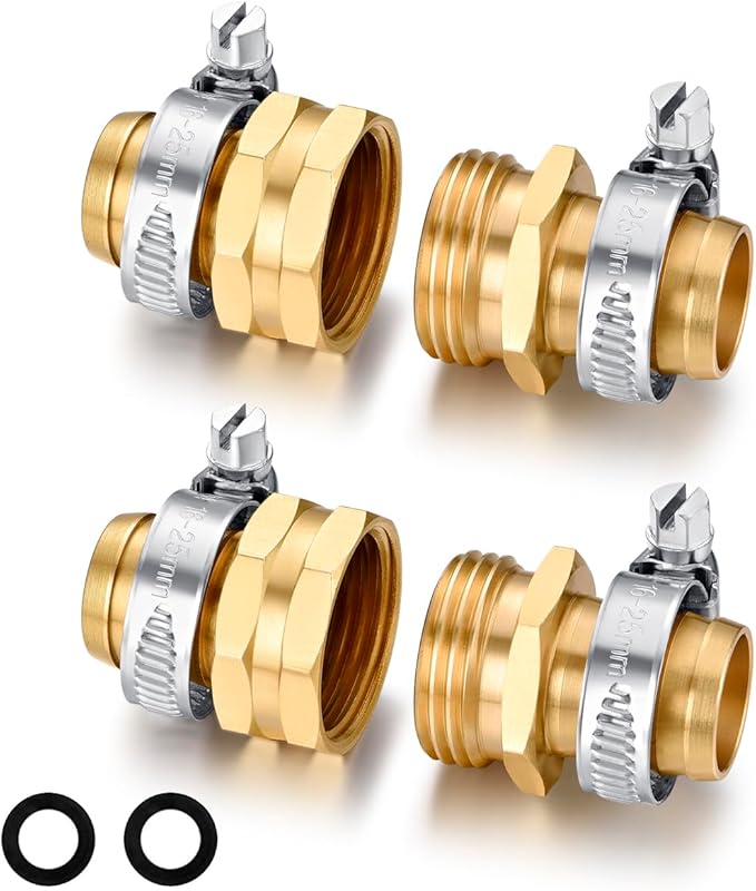 SIGURANTA Garden Hose Repair Connector with Clamps Hose End Repair Kit,3/4" Barb Garden Hose Fittings Male and Female brass garden hose ends (3/4"Barb-2 Set)