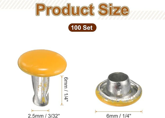 HARFINGTON 100 Sets Double Cap Leather Rivets, 6x6mm Round Cap Tubular Metal Studs Leather Crafting Rivets for Fabric Belt Pet Collar Boot Bag Repair and Decoration, Yellow