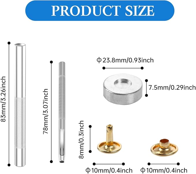 100 Sets Leather Rivets 8x10mm Double Cap Rivets Snaps Metal Studs Fasteners with 3pcs Setting Tools for Leather Craft DIY Repair Decoration, Gold Tone