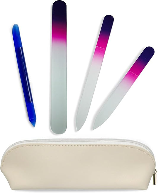 Alban Czech Glass Nail File Set with Manicure Stick & Vegan Leather Cosmetic Case (Purple-Pink Nail Files, Royal Manicure Stick & Cream Cosmetic Case)