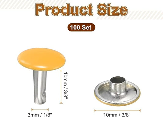HARFINGTON 100 Sets Double Cap Leather Rivets, 10x10mm Round Cap Tubular Metal Studs Leather Crafting Rivets for Fabric Belt Pet Collar Boot Bag Repair and Decoration, Yellow