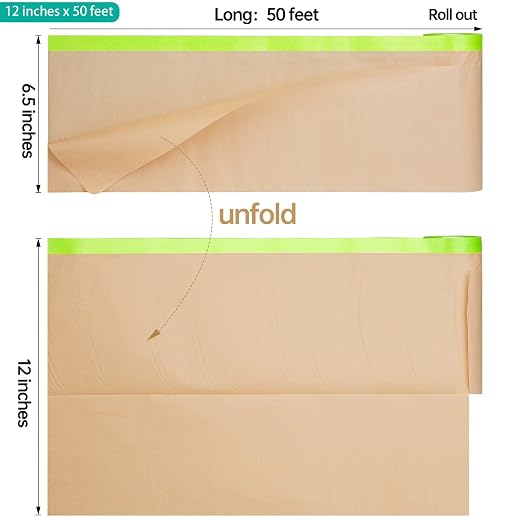 Tangibay Pre-Taped Masking Paper for Painting - 12 inch x 50 feet Tape and Drape Painters Paper, Paint Adhesive Protective Paper Roll for Covering Skirting, Frames, Cars and Auto Body (8 Rolls)