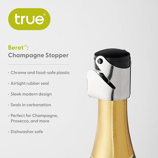 True Beret Champagne Stoppers for Bottles, Sparkling Wine Stopper, Wine Accessories Kitchen Accessory, Black Set of 1