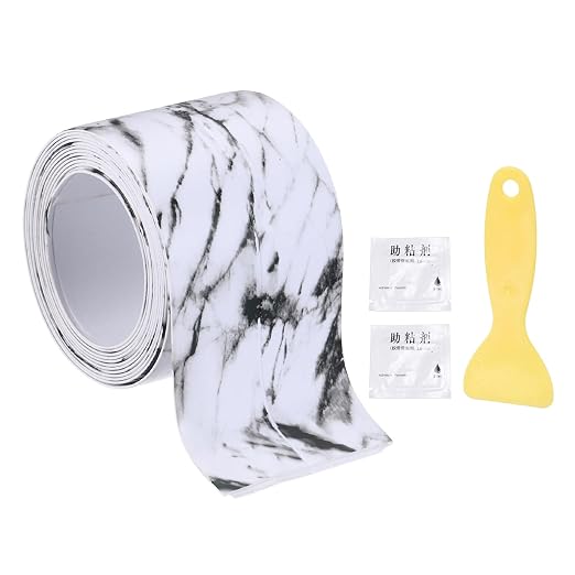 uxcell Caulk Tape Waterproof, 1.42 Inch x 4.92 ft Self-Adhesive Sealant Sealing Strip Caulking Sealant Tape PVC with Tool for Kitchen Sink Toilet Bathroom Bathtub Floor, Black White