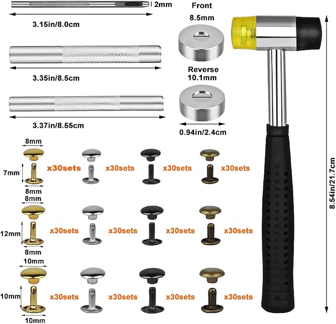 TLKKUE 360 Sets Leather Rivets 4 Colors Double Cap Rivets Tubular 3 Sizes with Rubber Hammer Fixing Tool Kit 4 Pieces for DIY Leather Craft Clothes Shoes Decoration and Repair