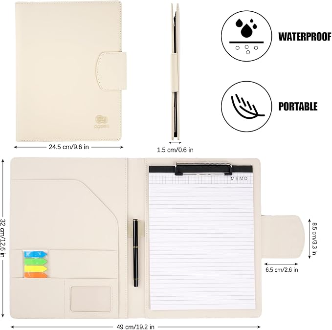 Leather Document Clip Board DIN A4, All-in-One Business Conference Folder Organizer with Magnetic Cover, Sticky Tabs, Pen, Work Folio for Women & Man, Beige