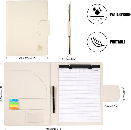 Leather Document Clip Board DIN A4, All-in-One Business Conference Folder Organizer with Magnetic Cover, Sticky Tabs, Pen, Work Folio for Women & Man, Beige