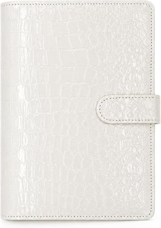 Convend A6/A5 Refillable 6 Ring Faux Leather Budget Binder,Mini Notebook Binder Cover for A5 Filler Paper,Loose Leaf Personal Planner Cover with Magnetic Buckle Closure(Crocodile-White)