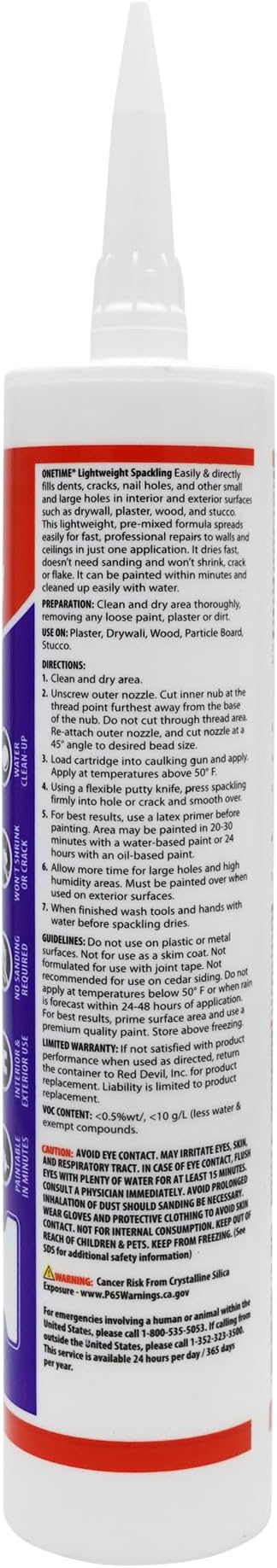 Red Devil 0550 Onetime Lightweight Spackling, 10.1 oz. Cartridge, White, 12 Pack