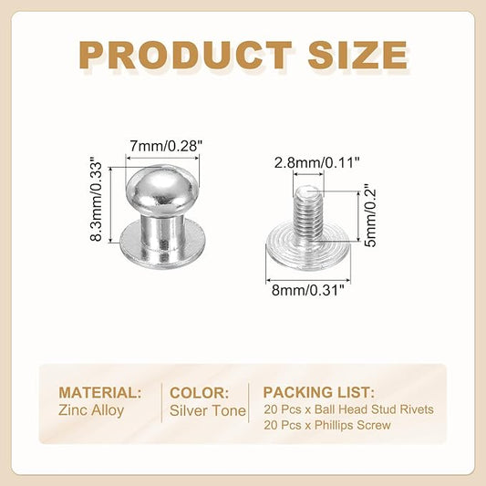 PATIKIL 7 mm Leather Rivets, 20 Sets Ball Head Stud Screw Back Round Head Button Chicago Screw Nipple Stud Rivet for Leather DIY Craft Handbag Belt Repairs, Silver Tone